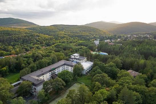 Aerial view of SPA Hotel Calista surrounded by wooded hills