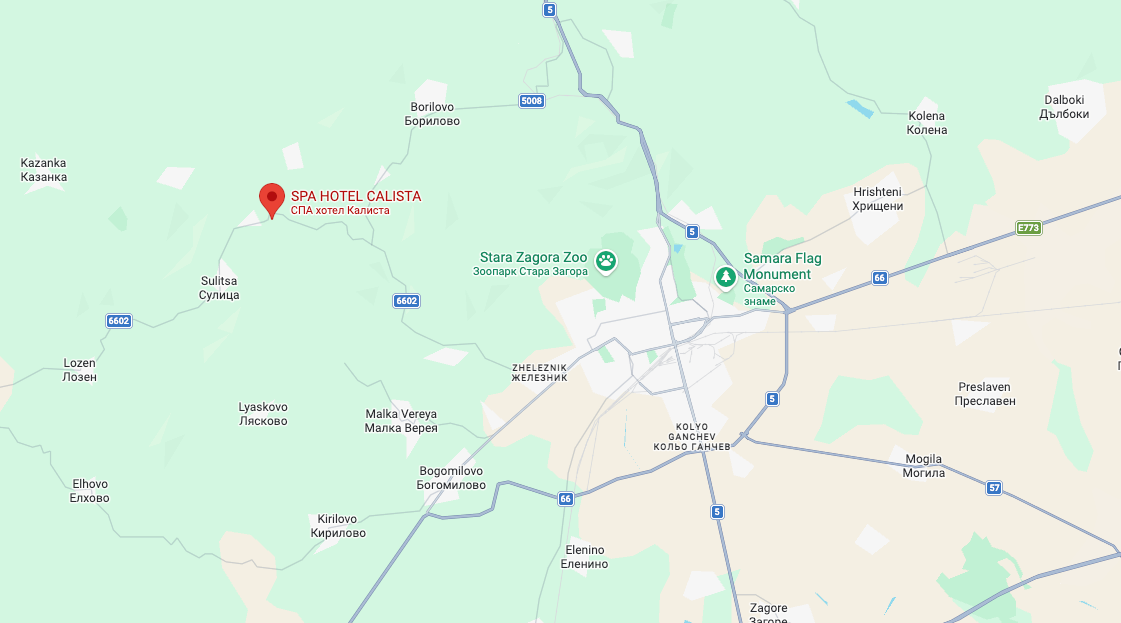Map marking SPA Hotel Calista west of Stara Zagora